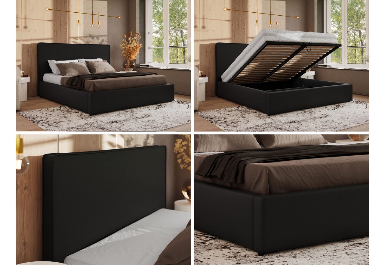Łóżko tapicerowane CORIVO CLASSIC 140x200 - materac pocket - czarny, ekoskóra