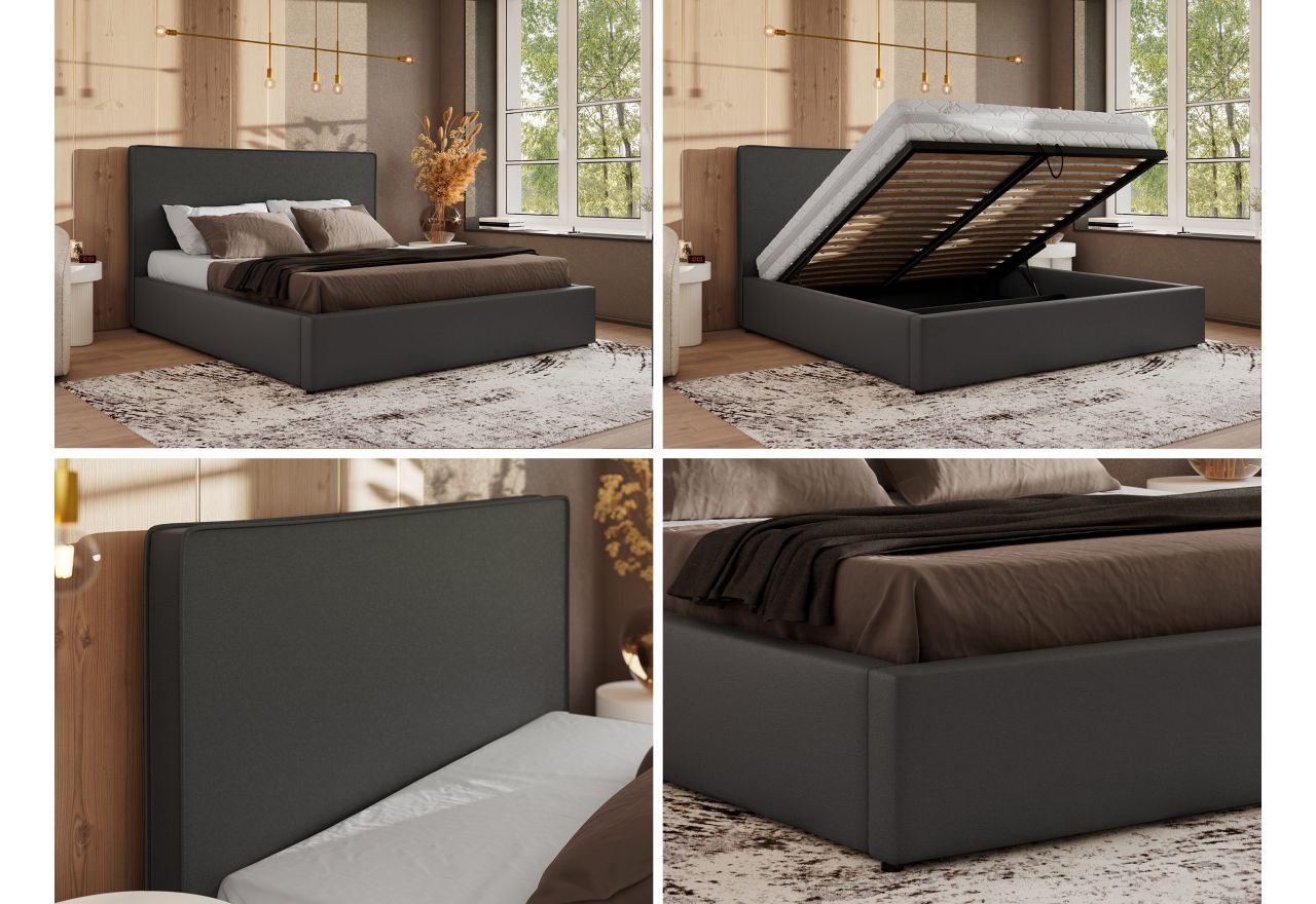 Łóżko tapicerowane CORIVO CLASSIC 160x200 - materac pocket - ciemnoszary, ekoskóra