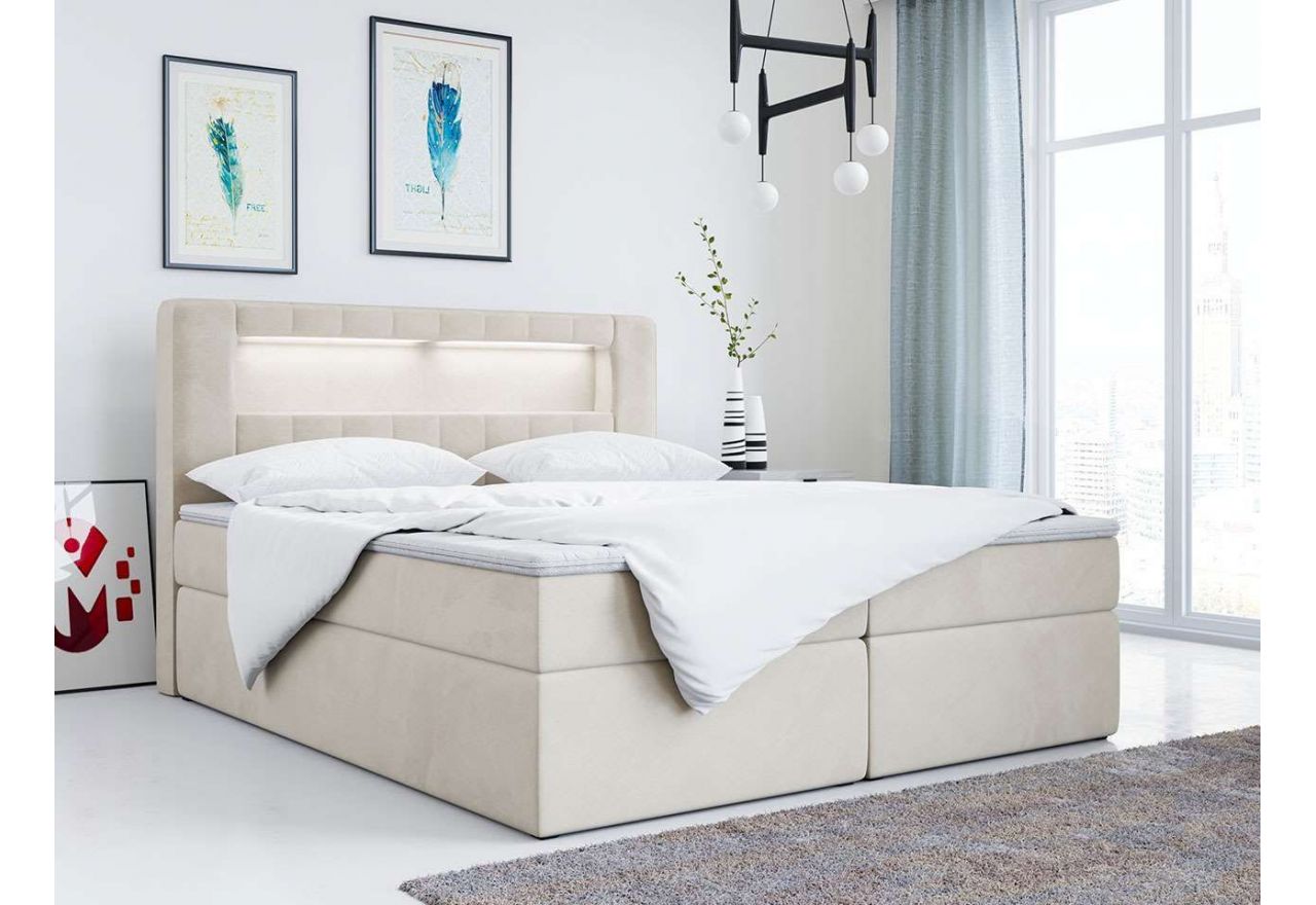 Podwójne, stylowe łóżko kontynentalne z materacem do sypialni - GOLD 5 z kremową welwetową tapicerką