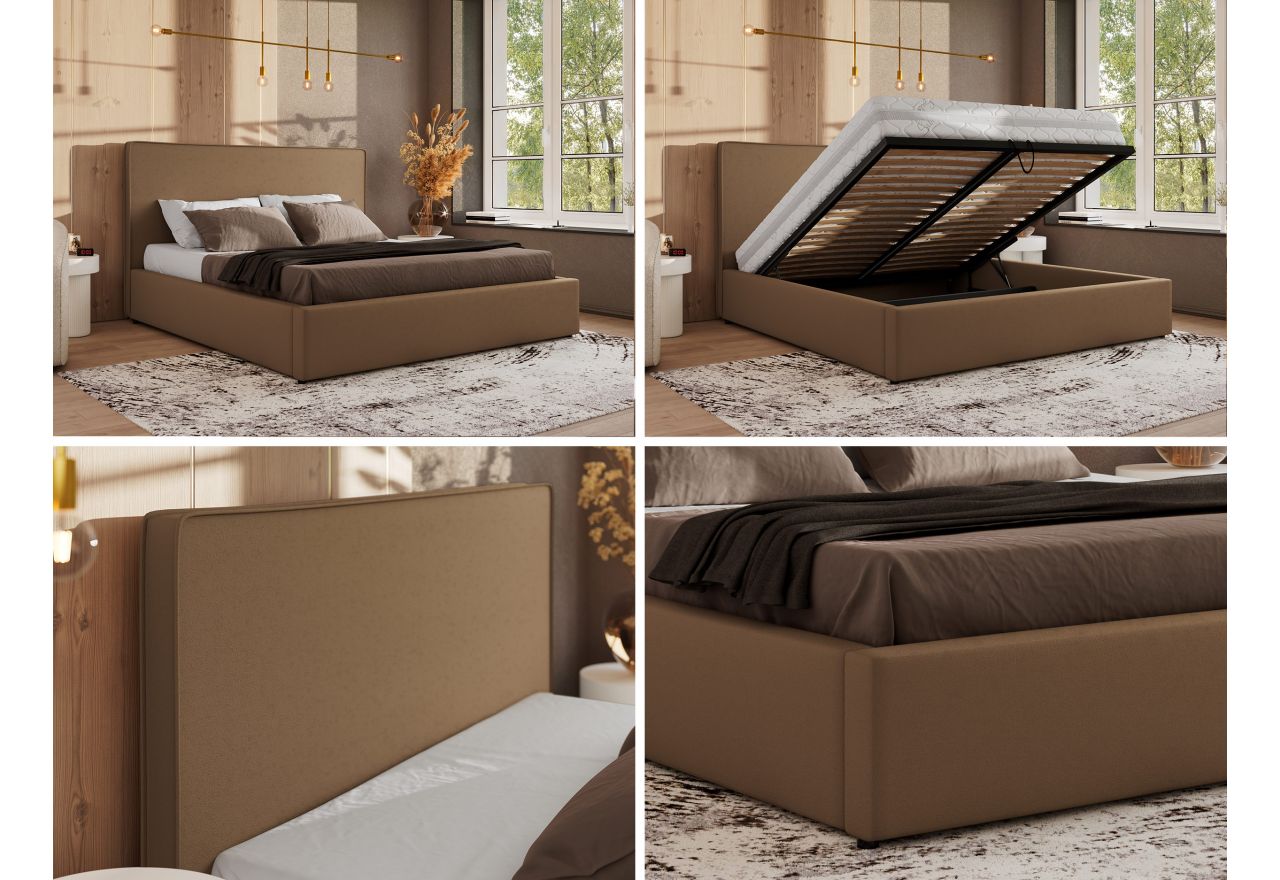 Łóżko tapicerowane CORIVO CLASSIC 140x200 - materac pocket - brązowy, ekoskóra