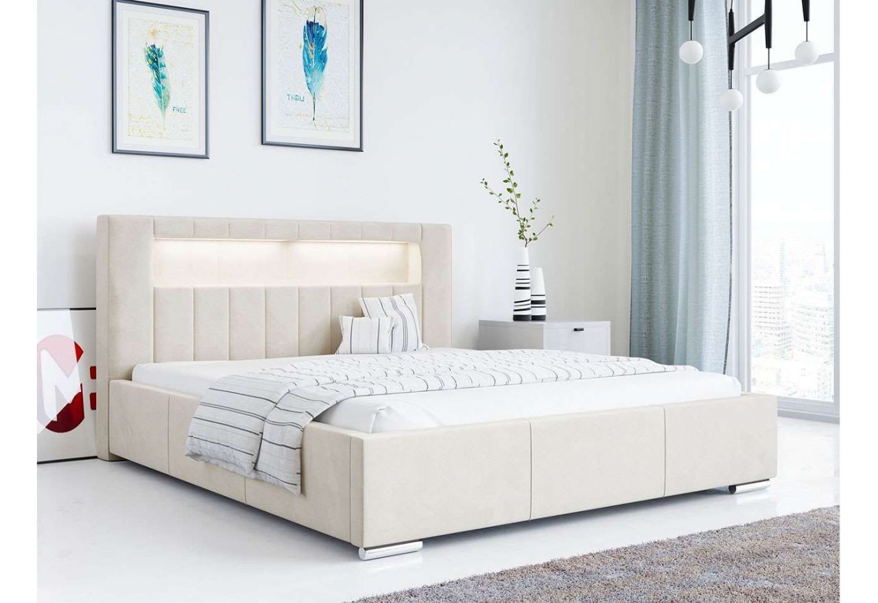 Nowoczesne łóżko tapicerowane z wysokim zagłowiem i oświetleniem LED - GOLD 5 kremowy welwet