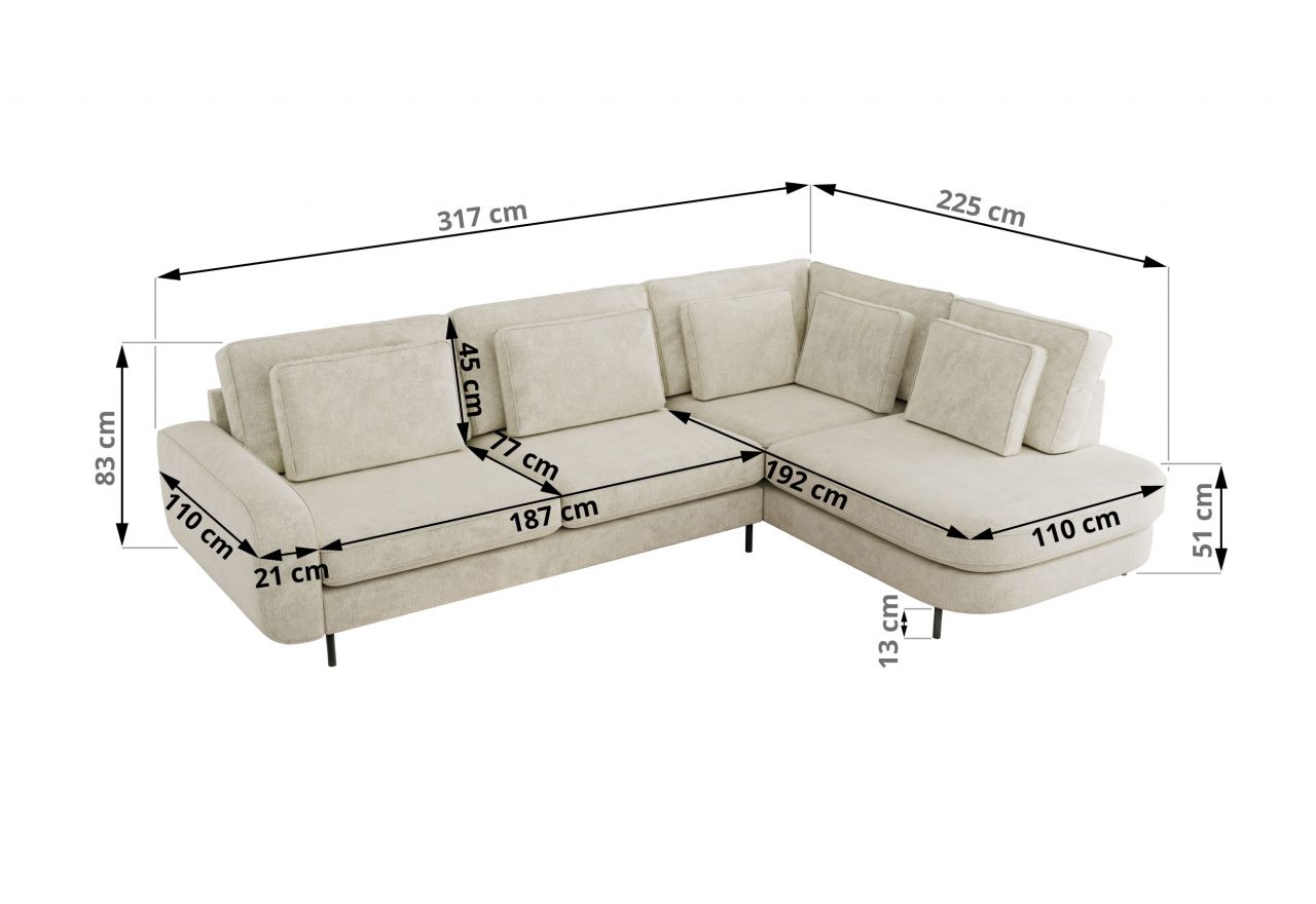 Narożnik CALENO L - strona prawa - kremowy, szenil grubo tkany