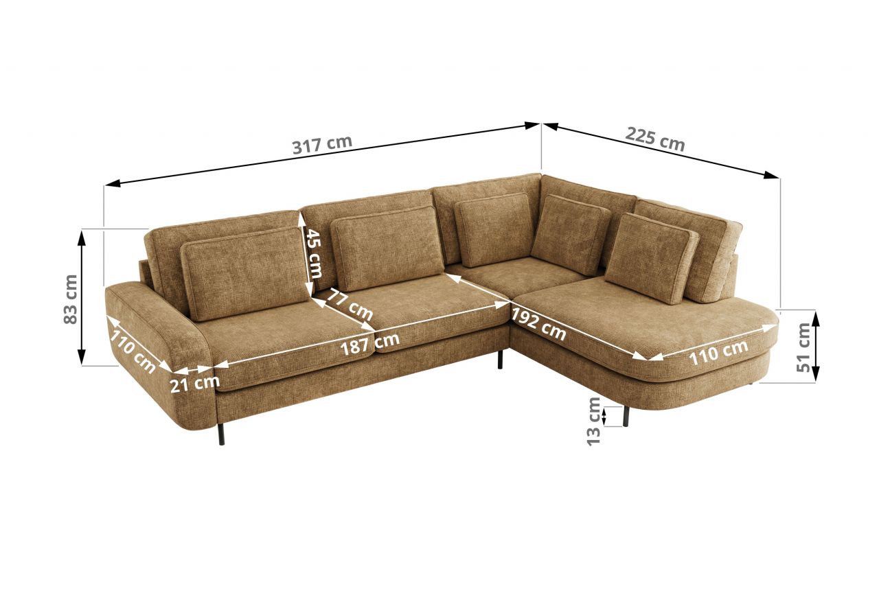 Narożnik CALENO L - strona prawa - jasnobrązowy, szenil grubo tkany