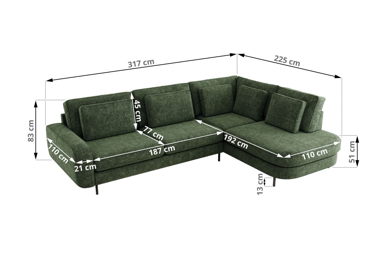 Narożnik CALENO L - strona prawa - ciemnozielony, szenil grubo tkany