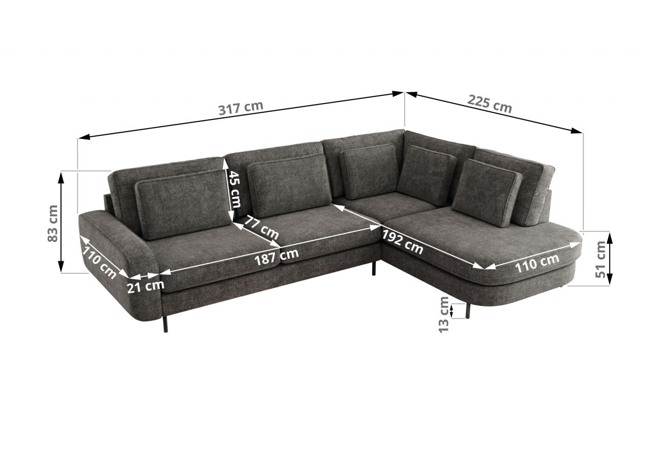 Narożnik CALENO L - strona prawa - szary, szenil grubo tkany