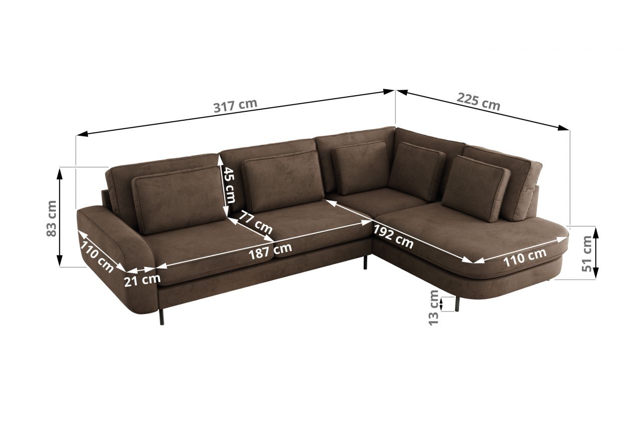 Narożnik CALENO L - strona prawa - brązowy, welwet