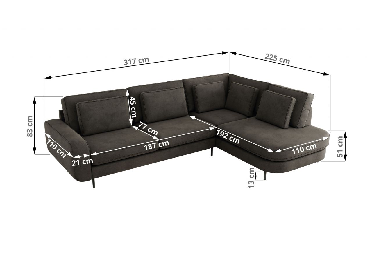 Narożnik CALENO L - strona prawa - ciemnoszary, welwet
