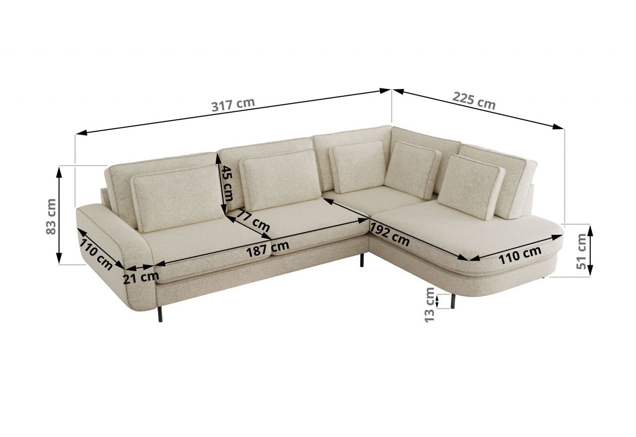 Narożnik CALENO L - strona prawa - kremowy, struktura