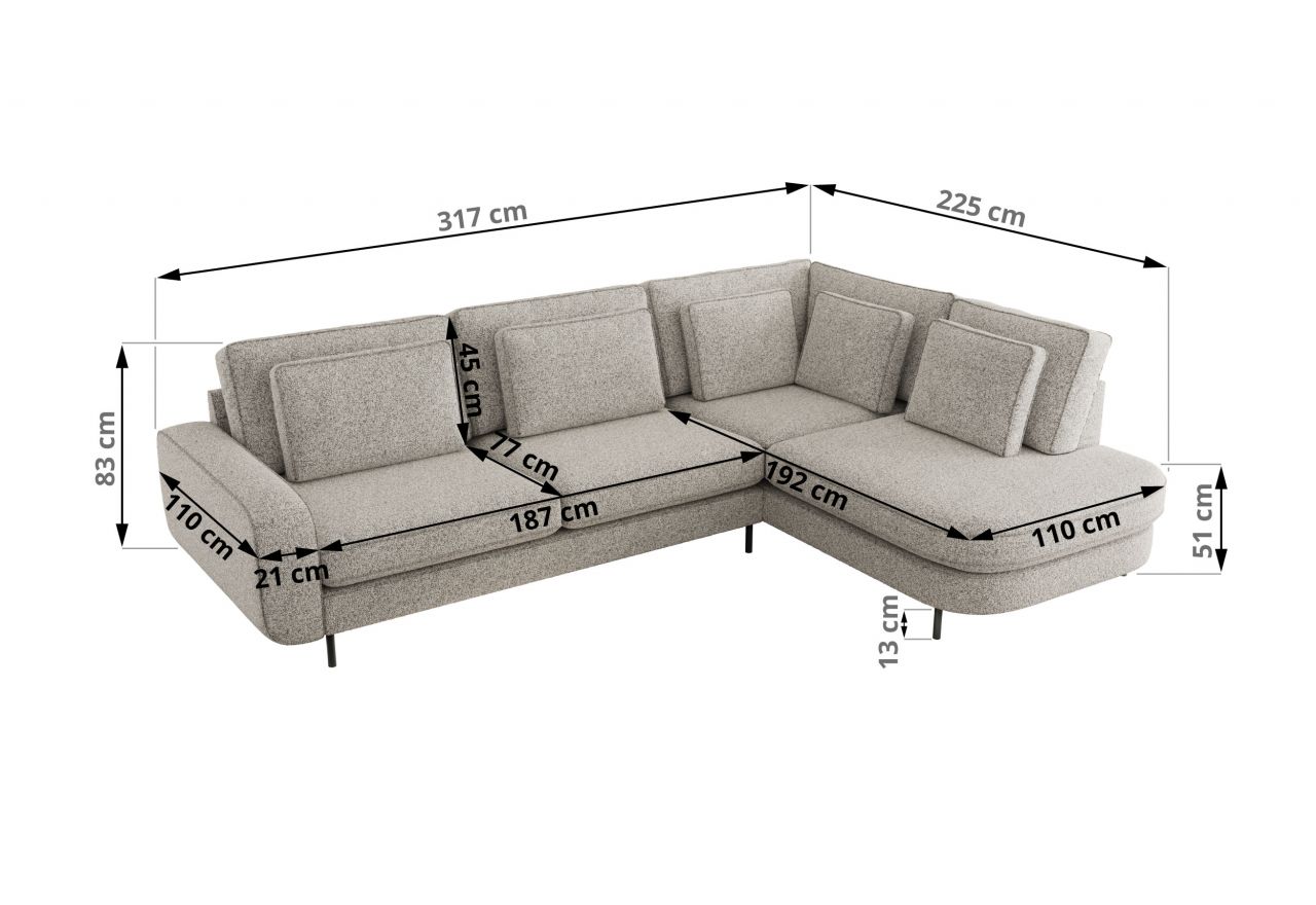 Narożnik CALENO L - strona prawa - jasnoszary, struktura