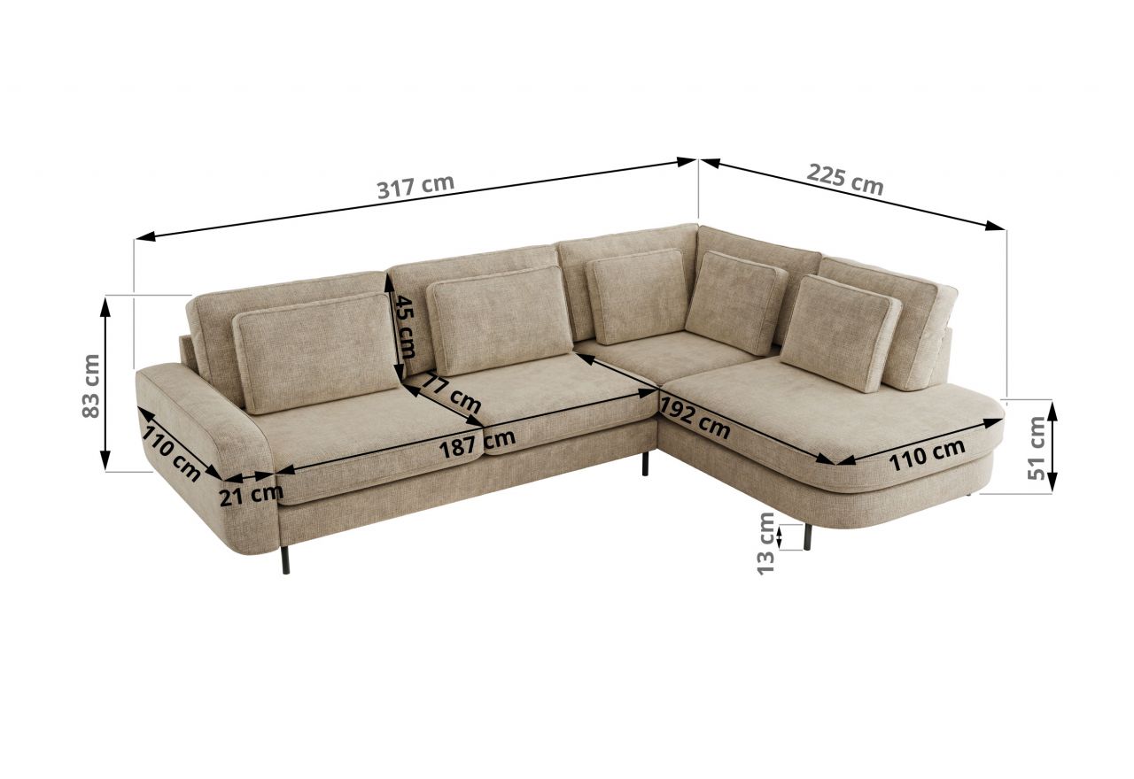 Narożnik CALENO L - strona lewa - beżowy, szenil grubo tkany