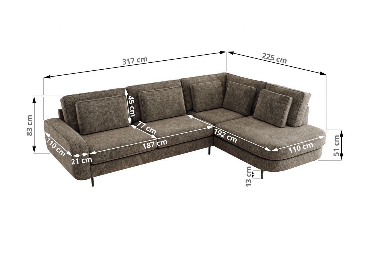 Narożnik CALENO L - strona lewa - brązowy, szenil grubo tkany