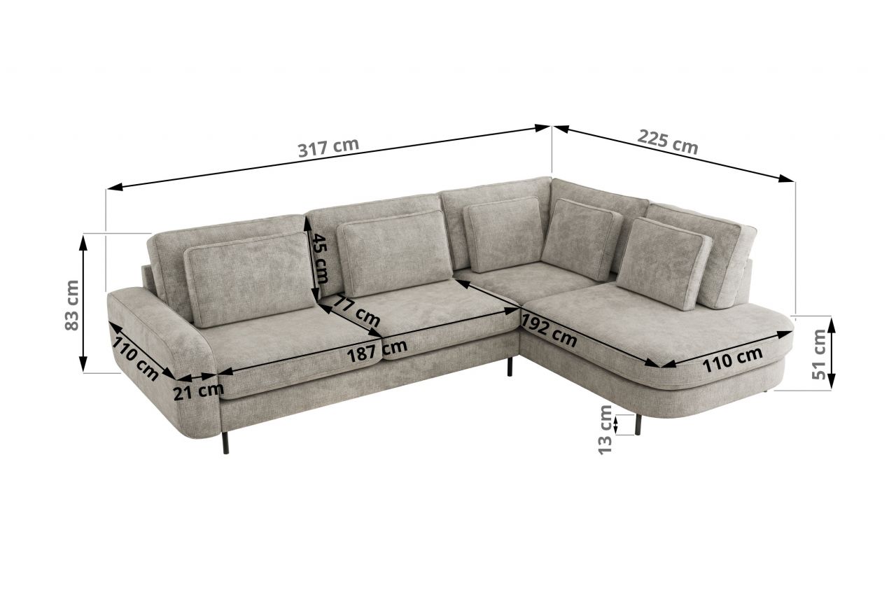 Narożnik CALENO L - strona lewa - jasnoszary, szenil grubo tkany