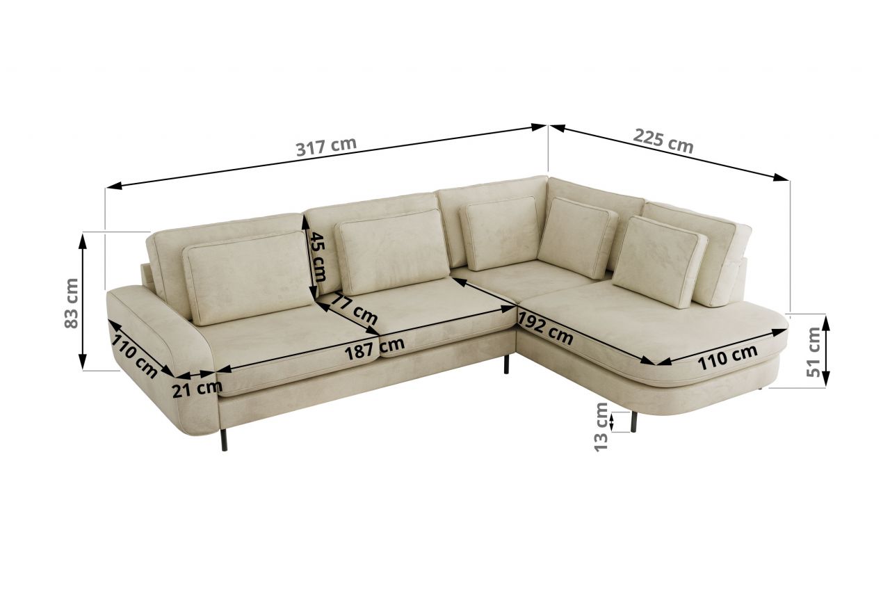 Narożnik CALENO L - strona lewa - beżowy, welwet