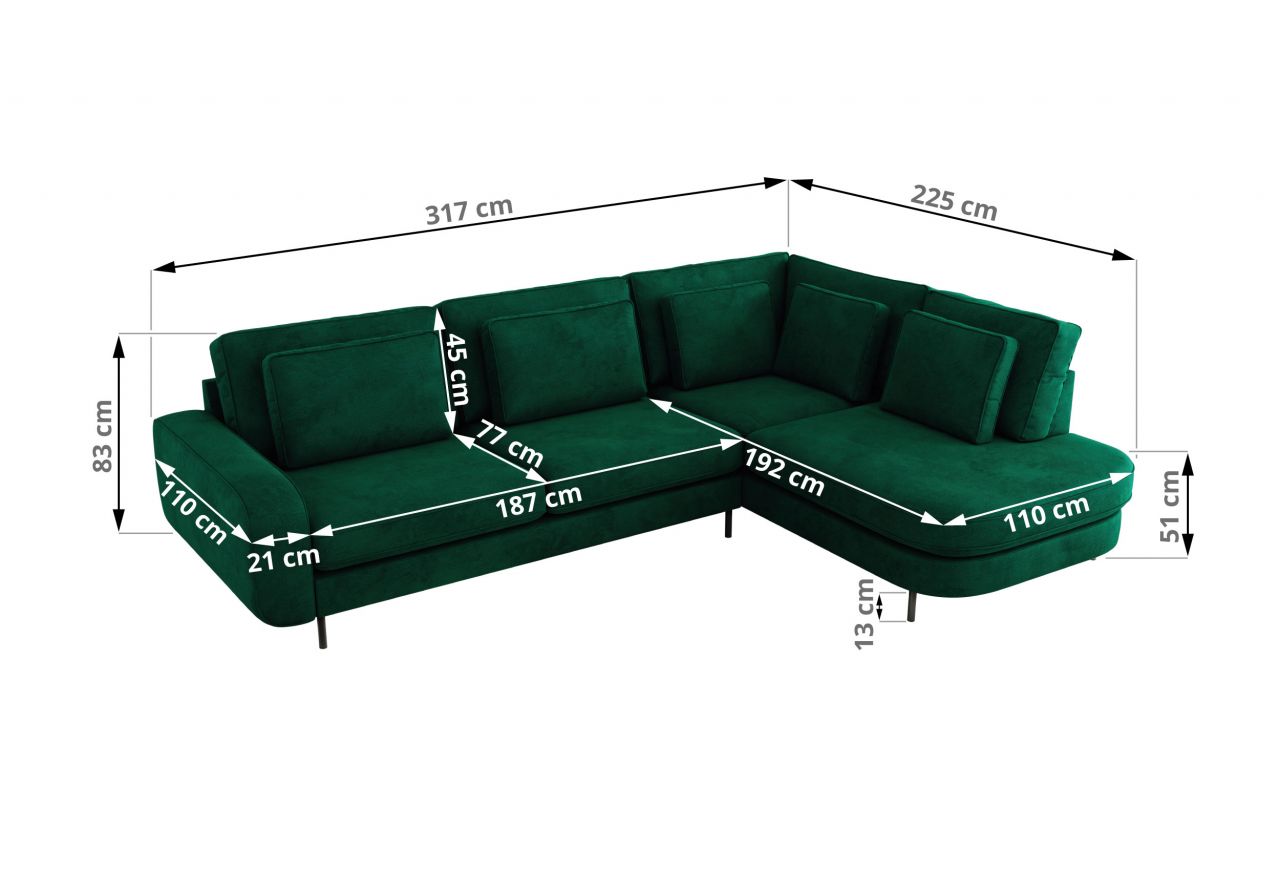Narożnik CALENO L - strona lewa - ciemnozielony, welwet
