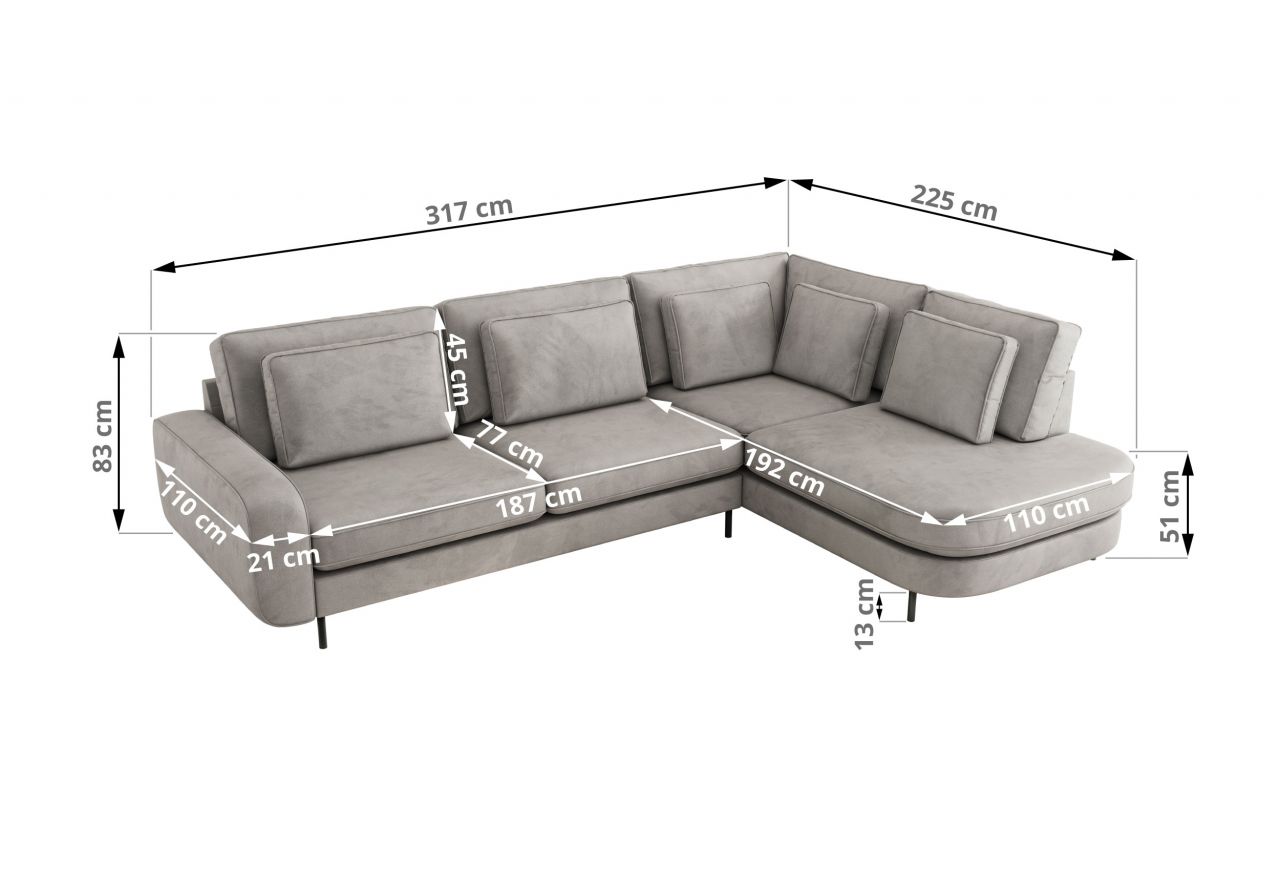 Narożnik CALENO L - strona lewa - jasnoszary, welwet