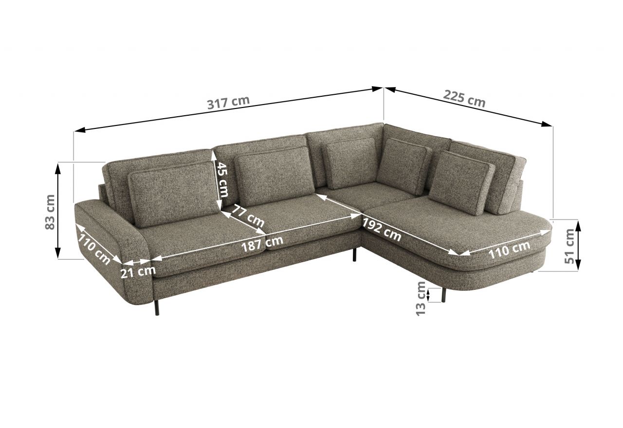 Narożnik CALENO L - strona lewa - szary, struktura