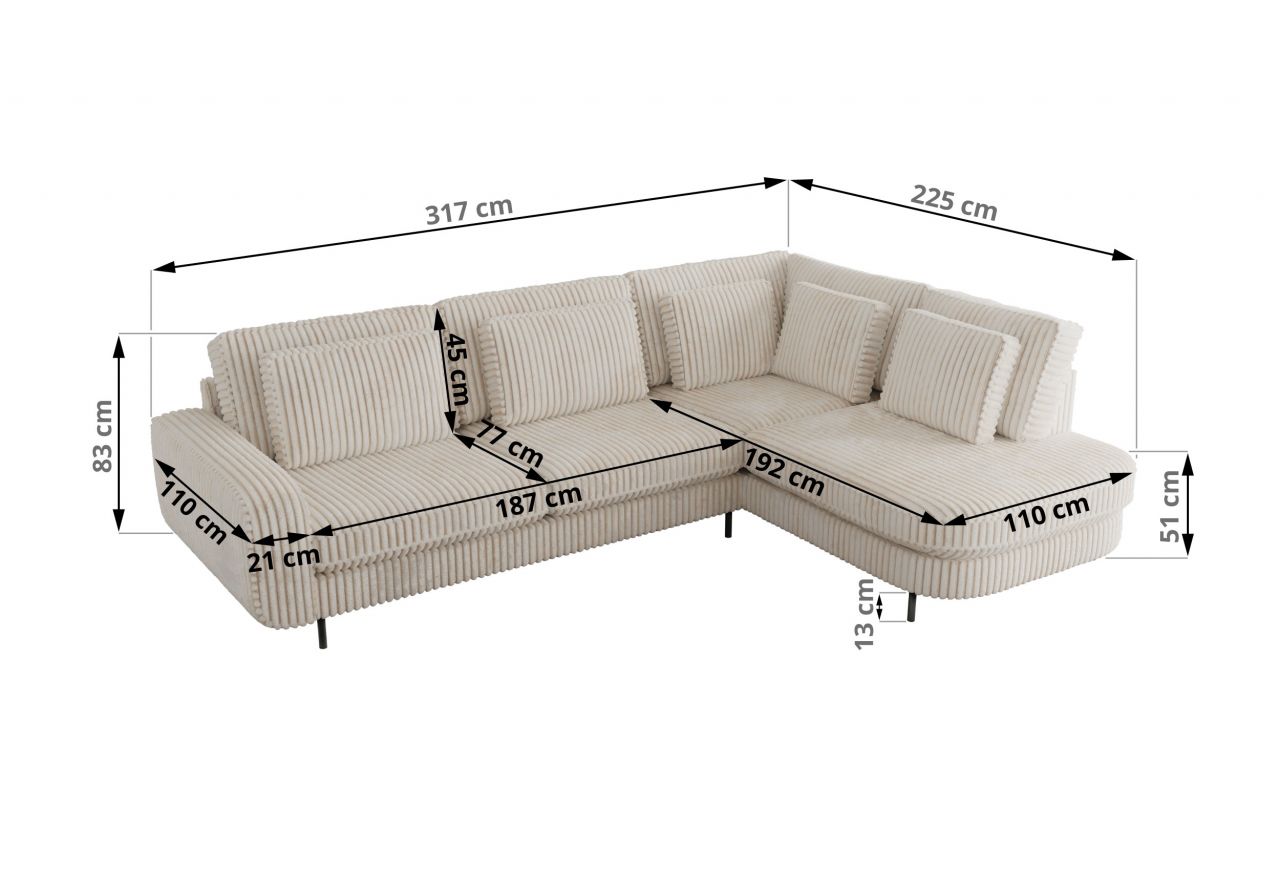 Narożnik CALENO L - strona lewa - beżowy, sztruks