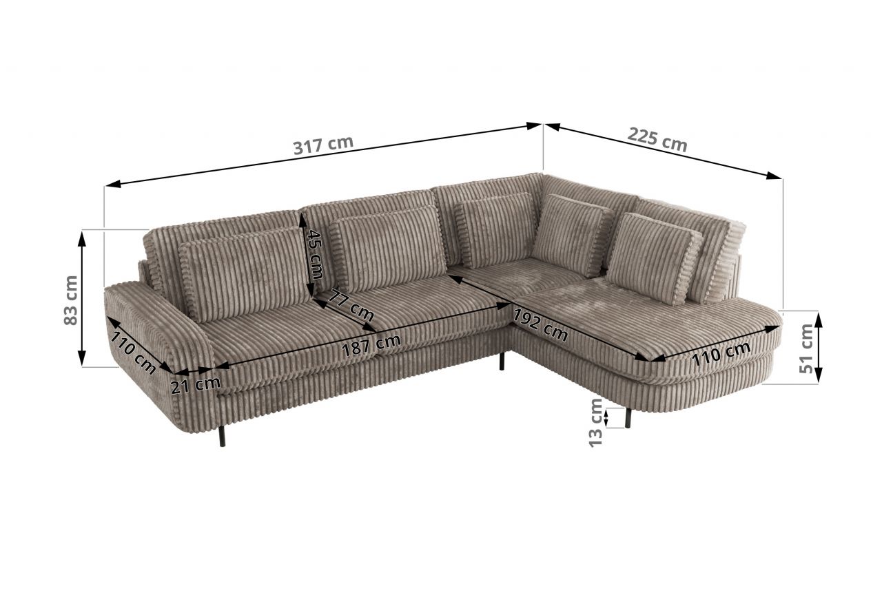 Narożnik CALENO L - strona lewa - jasnobrązowy, sztruks