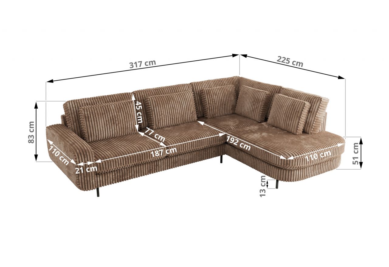 Narożnik CALENO L - strona lewa - brązowy, sztruks