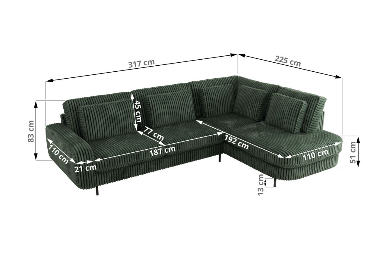 Narożnik CALENO L - strona lewa - ciemnozielony, sztruks