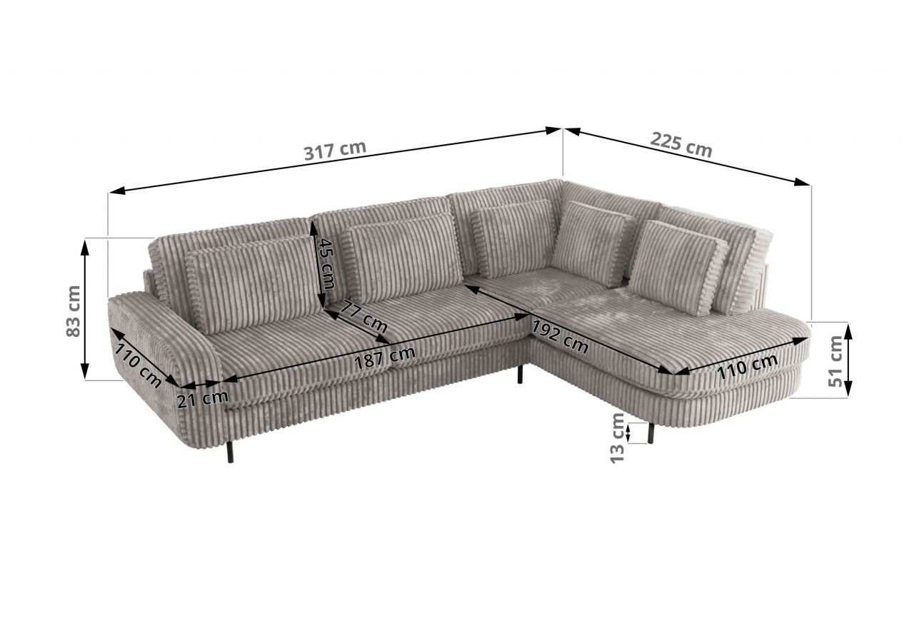 Narożnik CALENO L - strona lewa - jasnoszary, sztruks
