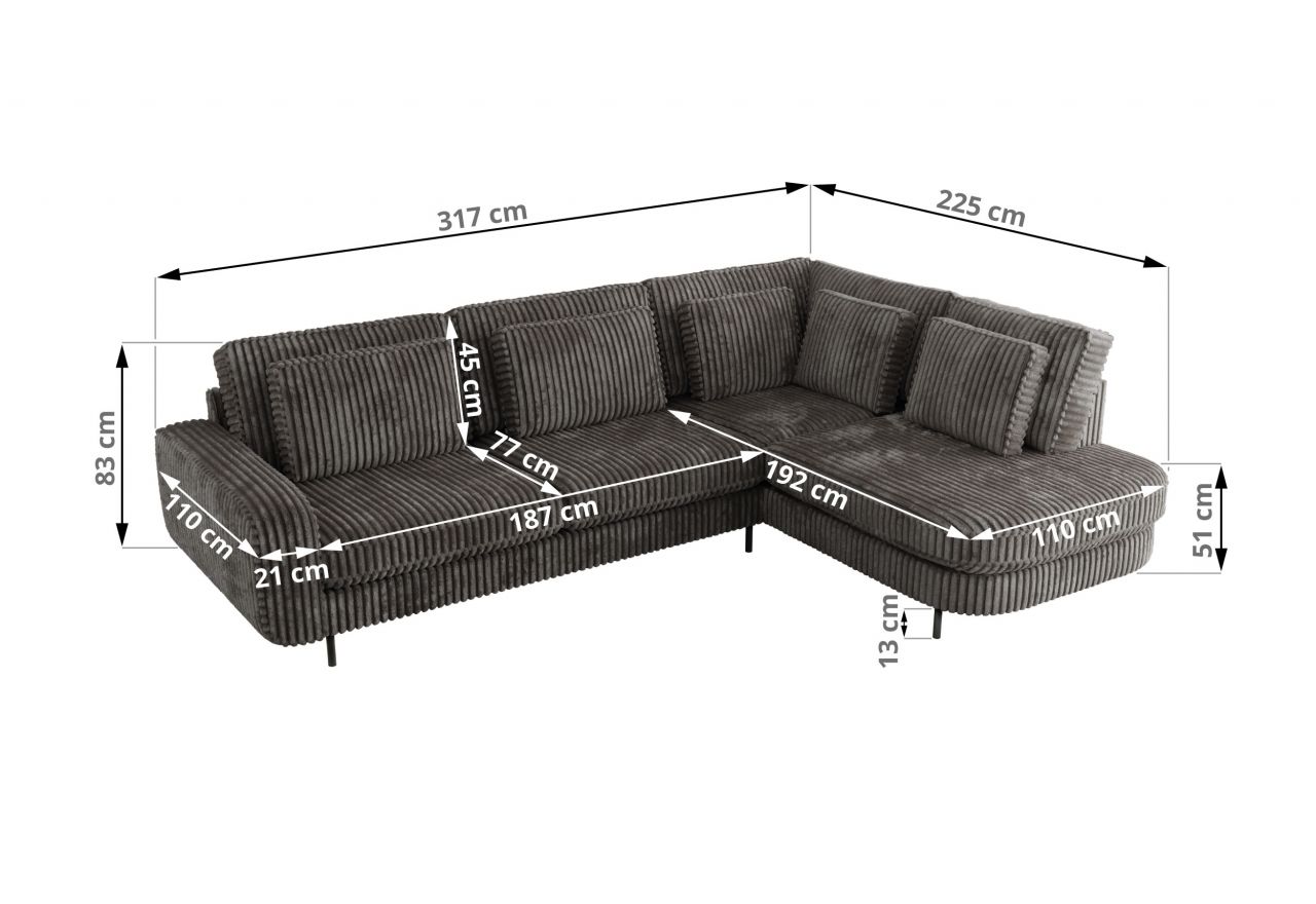 Narożnik CALENO L - strona lewa - szary, sztruks