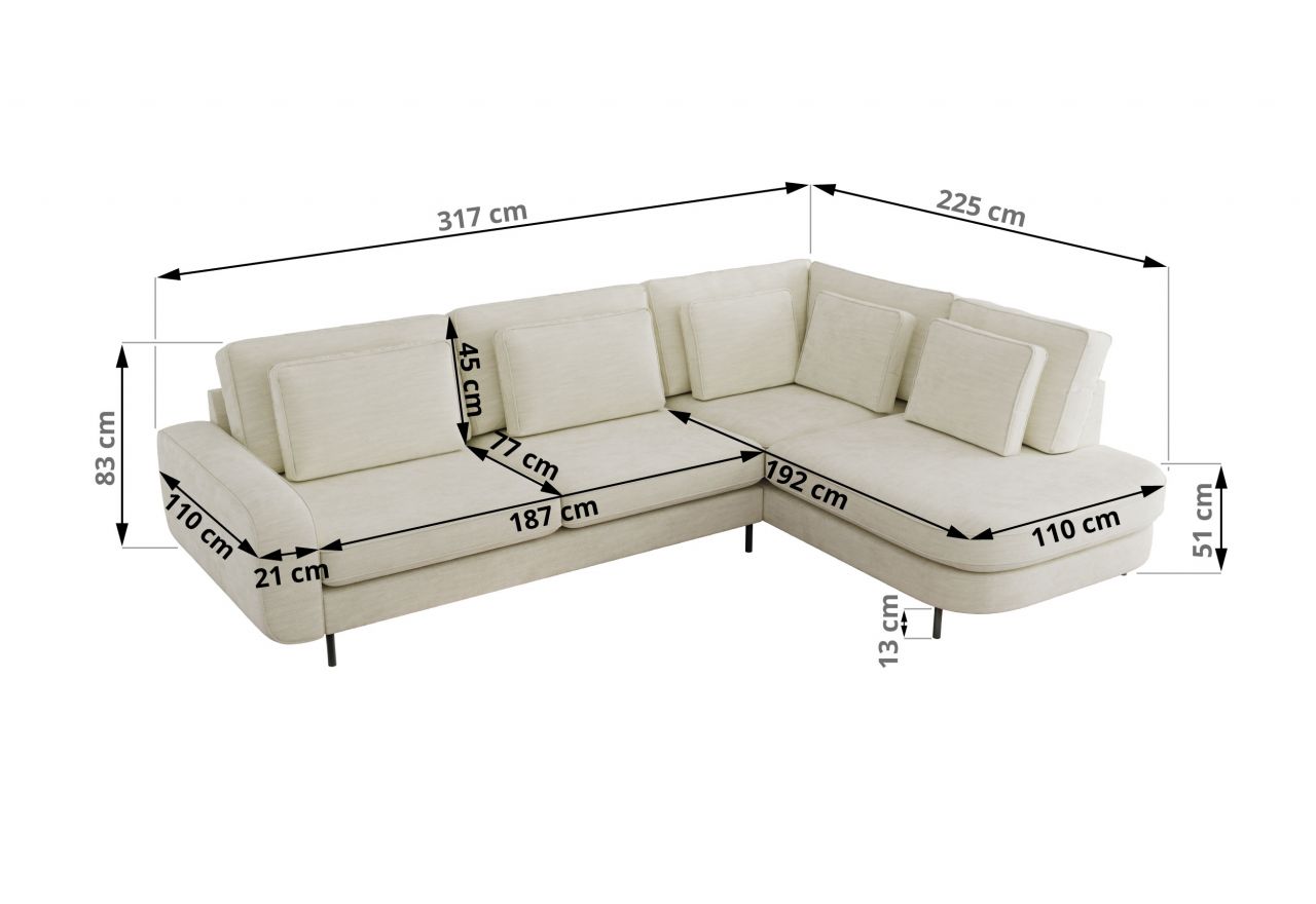 Narożnik CALENO L - strona lewa - kremowy, szenil gładki