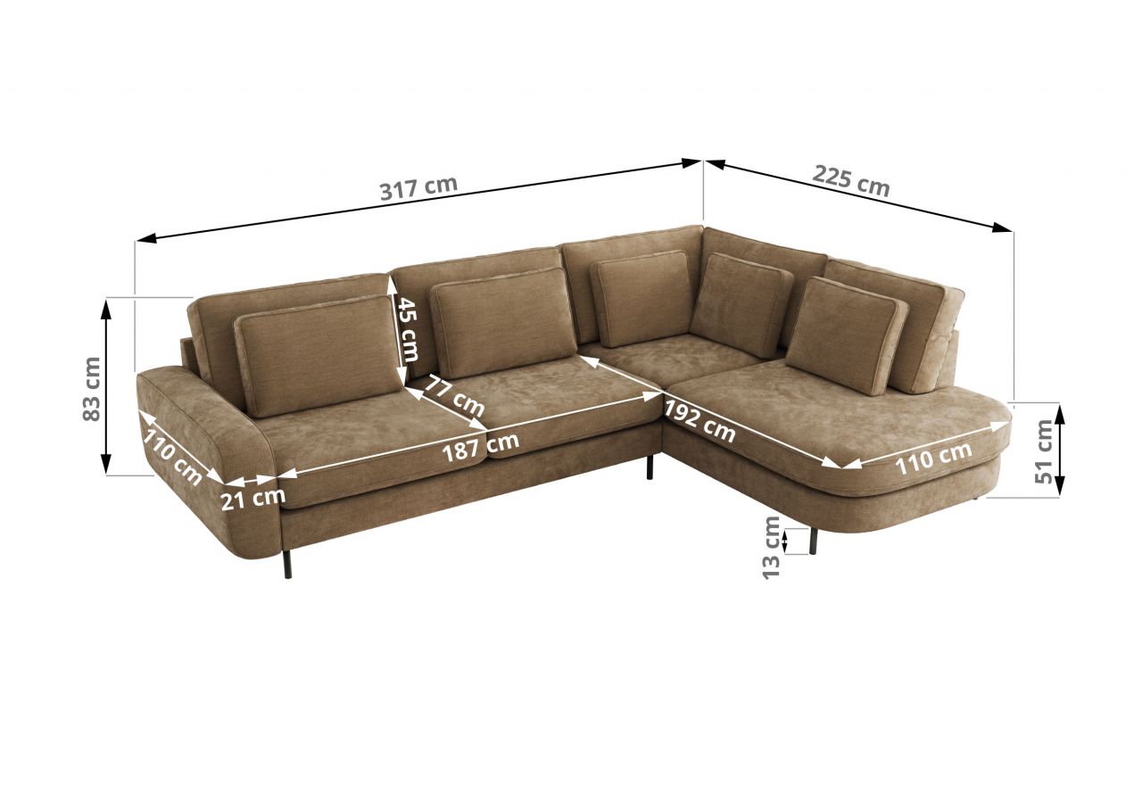 Narożnik CALENO L - strona lewa - brązowy, szenil gładki