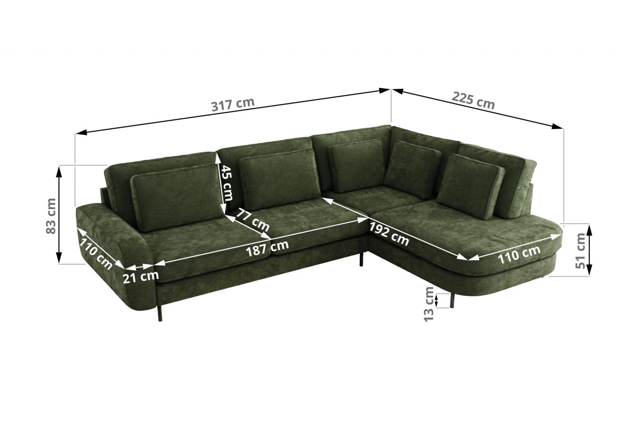 Narożnik CALENO L - strona lewa - ciemnozielony, szenil gładki