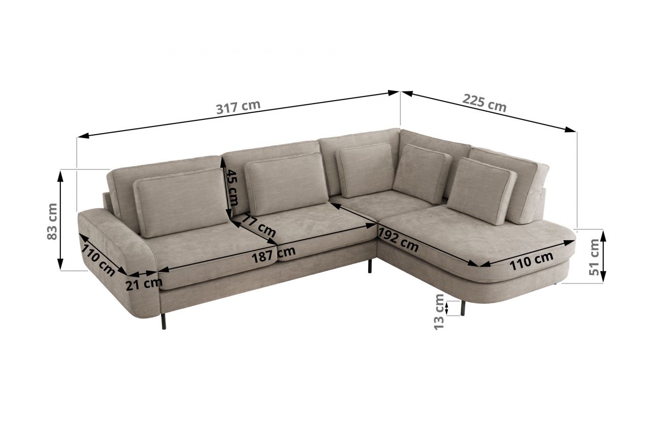 Narożnik CALENO L - strona lewa - jasnoszary, szenil gładki