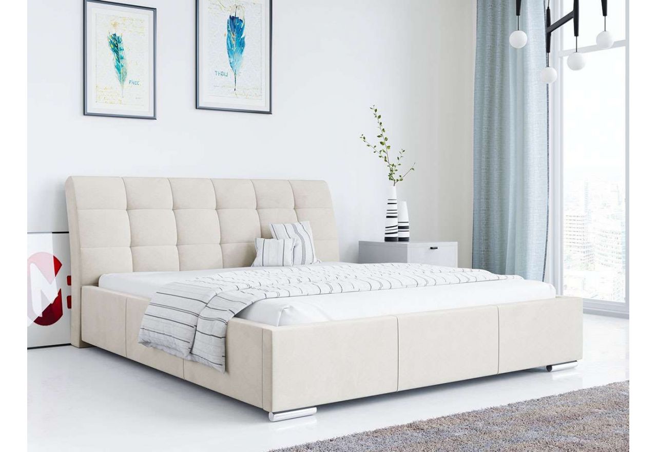 Modne łóżko tapicerowane ze stelażem i pikowanym zagłowiem do sypialni - GALA kremowa welwetowa tkanina