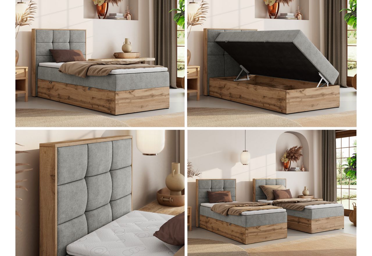 Łóżko kontynentalne - ALBERO 1 90x200 - H3 - jasnoszary, struktura - strona lewa - topper T25