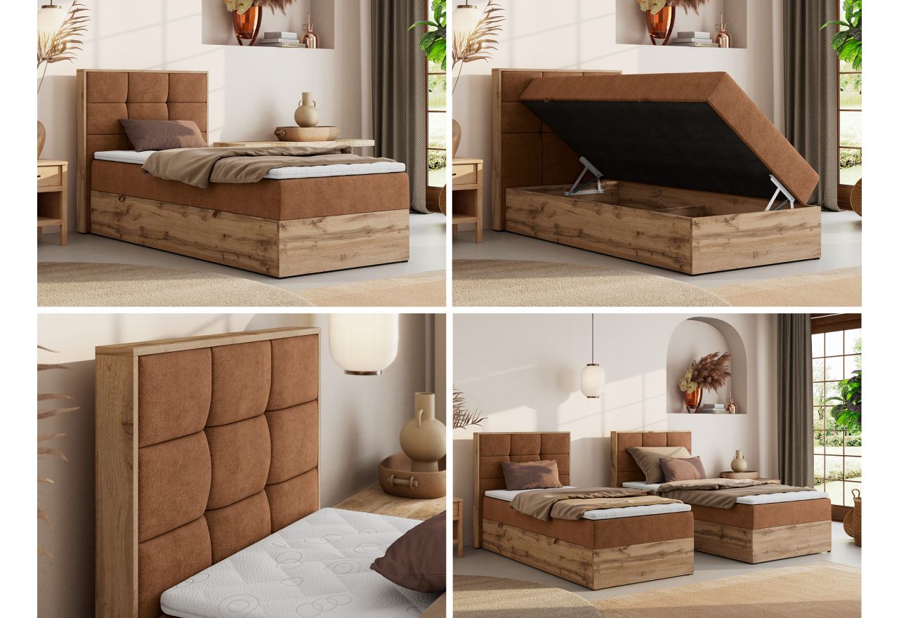 Łóżko kontynentalne - ALBERO 1 90x200 - H3 - pomarańczowy, struktura - strona lewa - topper T25