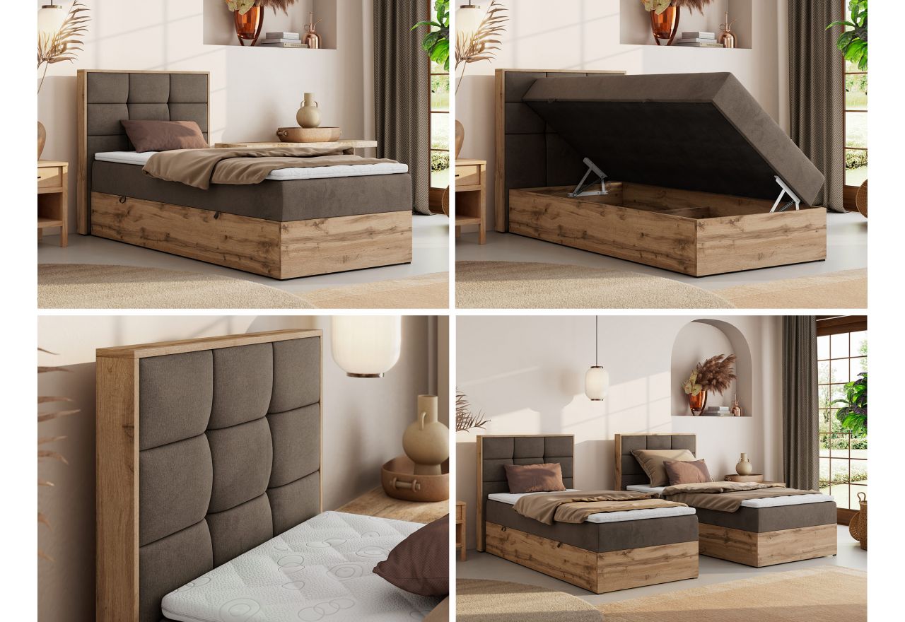 Łóżko kontynentalne - ALBERO 1 90x200 - H3 - brązowy, welwet - strona lewa - topper T25