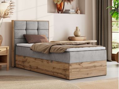 Łóżko kontynentalne - ALBERO 1 90x200 - H3 - jasnoszary, welwet - strona lewa - topper T25