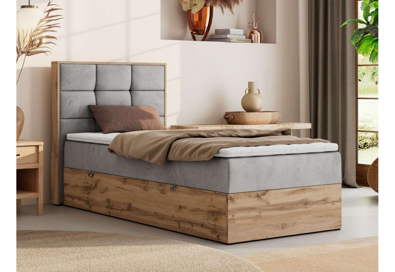 Łóżko kontynentalne - ALBERO 1 90x200 - H3 - jasnoszary, welwet - strona lewa - topper T25