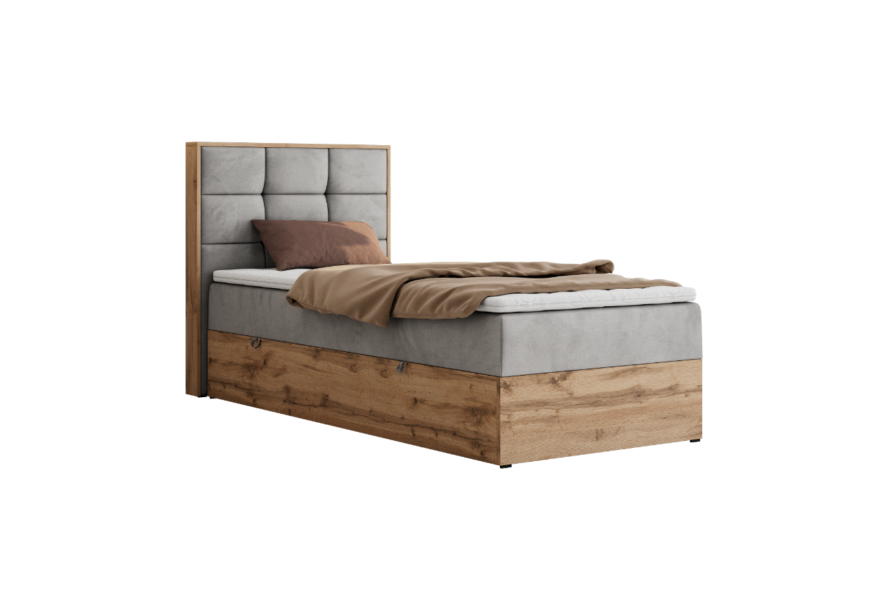 Łóżko kontynentalne - ALBERO 1 90x200 - H3 - jasnoszary, welwet - strona lewa - topper T25