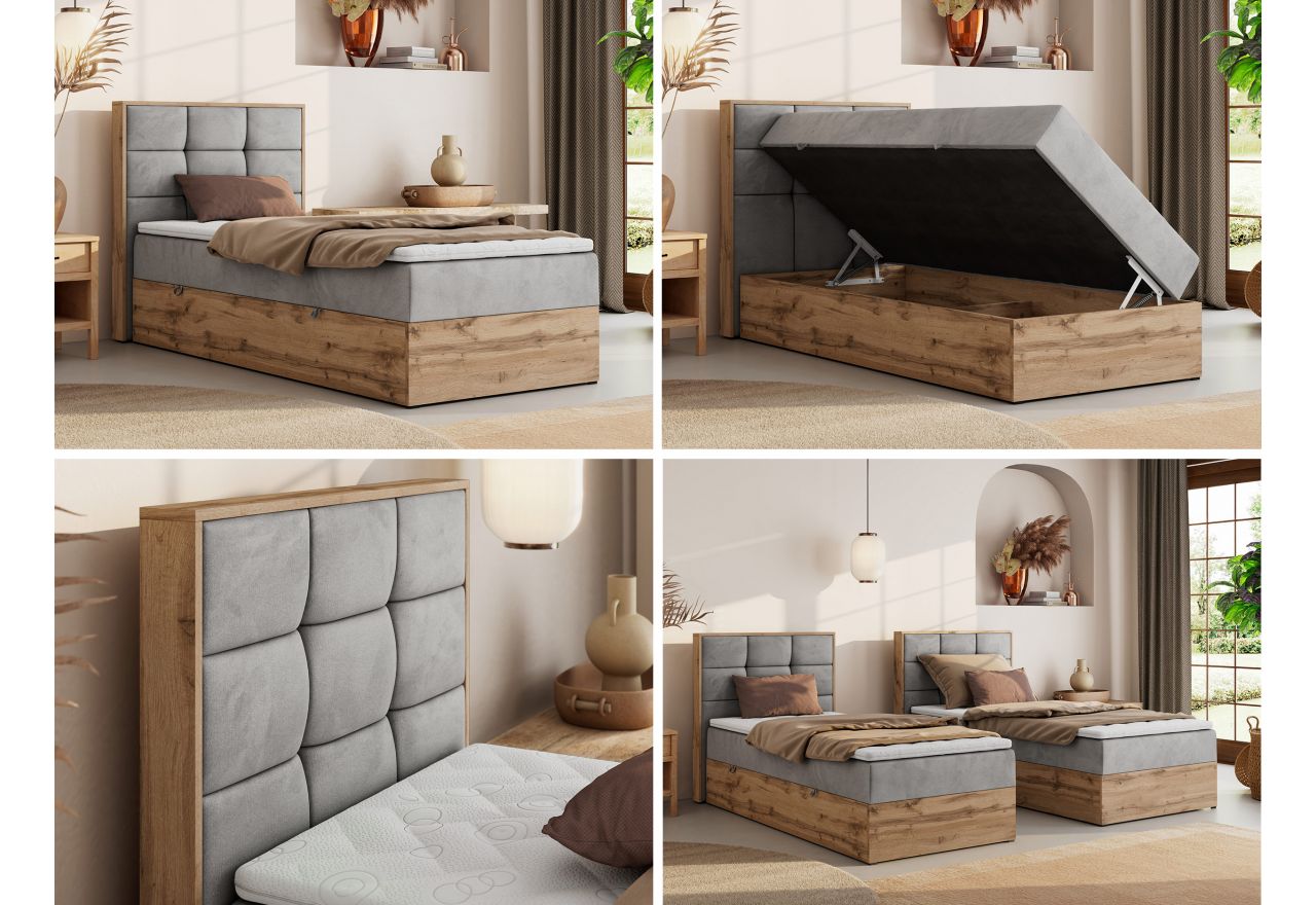 Łóżko kontynentalne - ALBERO 1 90x200 - H3 - jasnoszary, welwet - strona lewa - topper T25