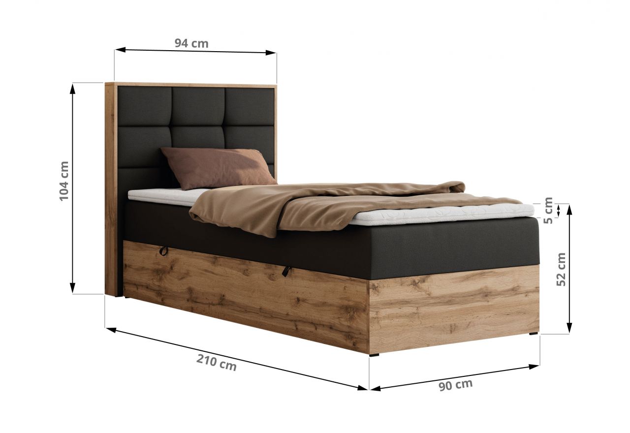 Łóżko kontynentalne - ALBERO 1 90x200 - H3 - czarny, ekoskóra - strona lewa - topper T25