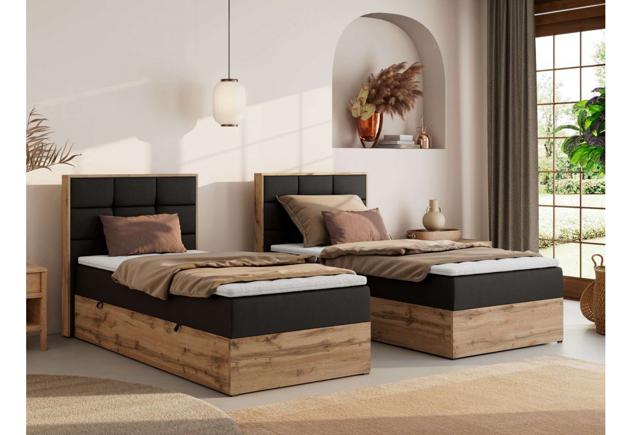 Łóżko kontynentalne - ALBERO 1 90x200 - H3 - czarny, ekoskóra - strona lewa - topper T25