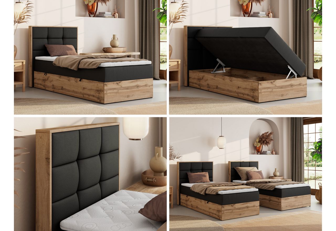 Łóżko kontynentalne - ALBERO 1 90x200 - H3 - czarny, ekoskóra - strona lewa - topper T25