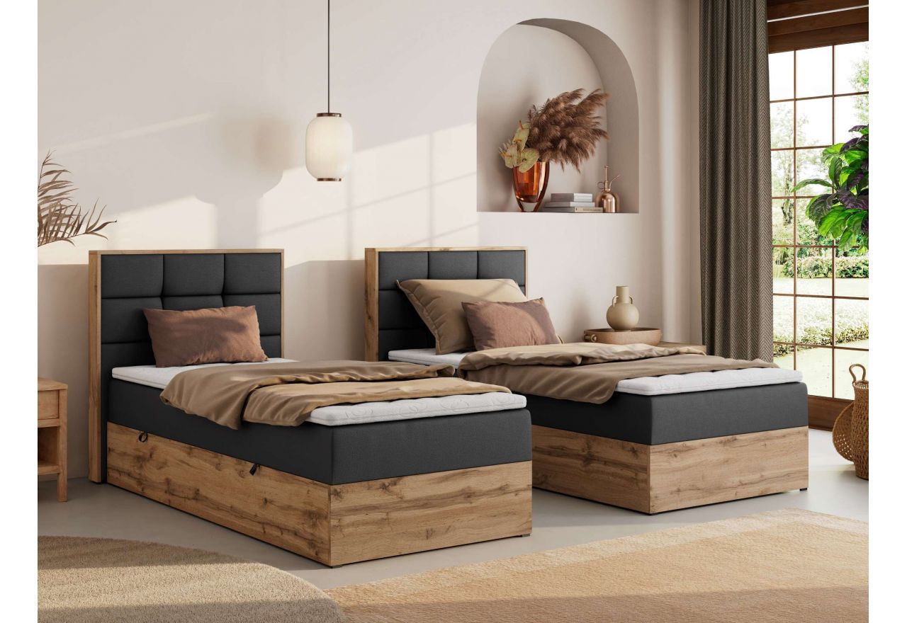 Łóżko kontynentalne - ALBERO 1 90x200 - H3 - ciemnoszary, ekoskóra - strona lewa - topper T25