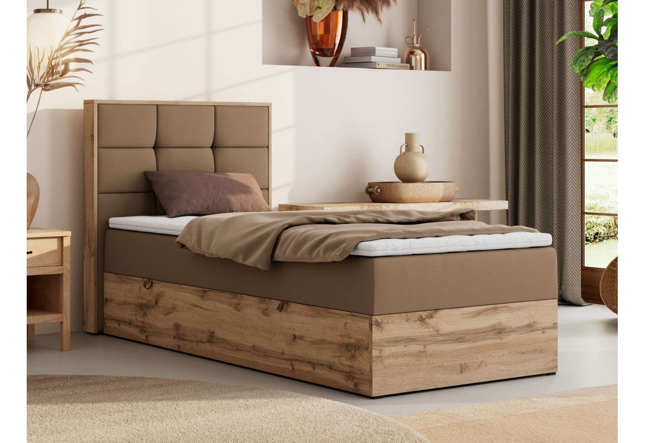 Łóżko kontynentalne - ALBERO 1 90x200 - H3 - brązowy, ekoskóra - strona lewa - topper T25