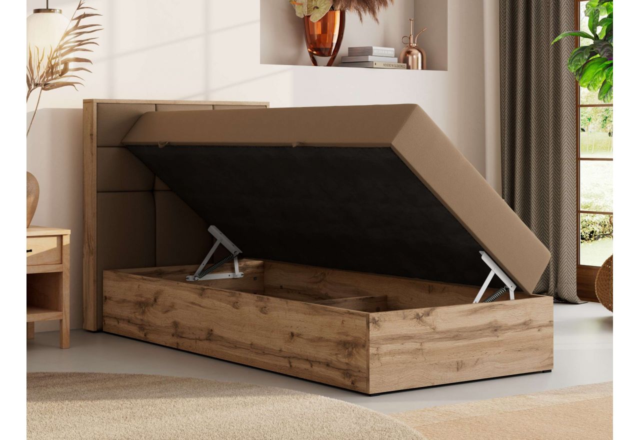 Łóżko kontynentalne - ALBERO 1 90x200 - H3 - brązowy, ekoskóra - strona lewa - topper T25