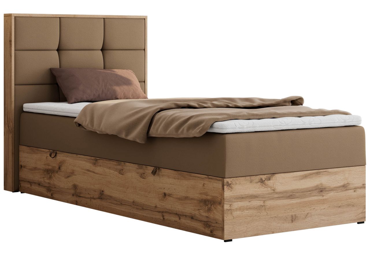 Łóżko kontynentalne - ALBERO 1 90x200 - H3 - brązowy, ekoskóra - strona lewa - topper T25