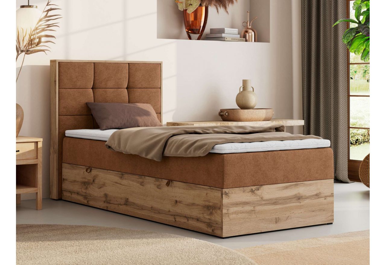 Łóżko kontynentalne - ALBERO 1 90x200 - H4 - pomarańczowy, struktura - strona lewa - topper T25