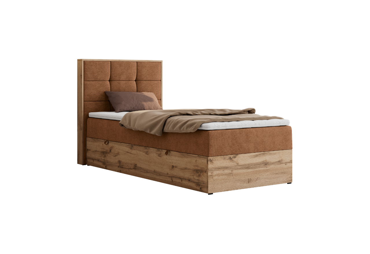 Łóżko kontynentalne - ALBERO 1 90x200 - H4 - pomarańczowy, struktura - strona lewa - topper T25