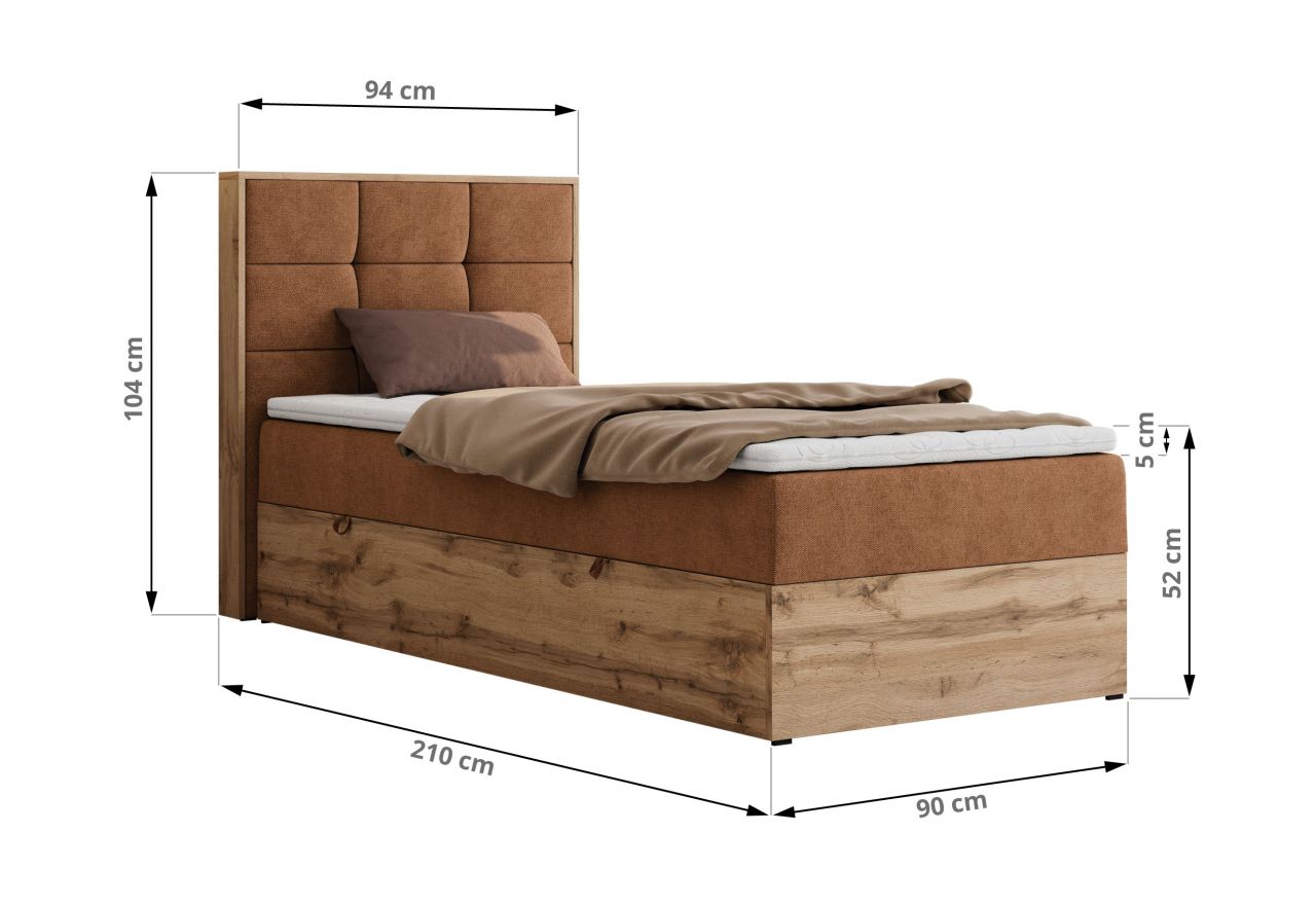 Łóżko kontynentalne - ALBERO 1 90x200 - H4 - pomarańczowy, struktura - strona lewa - topper T25