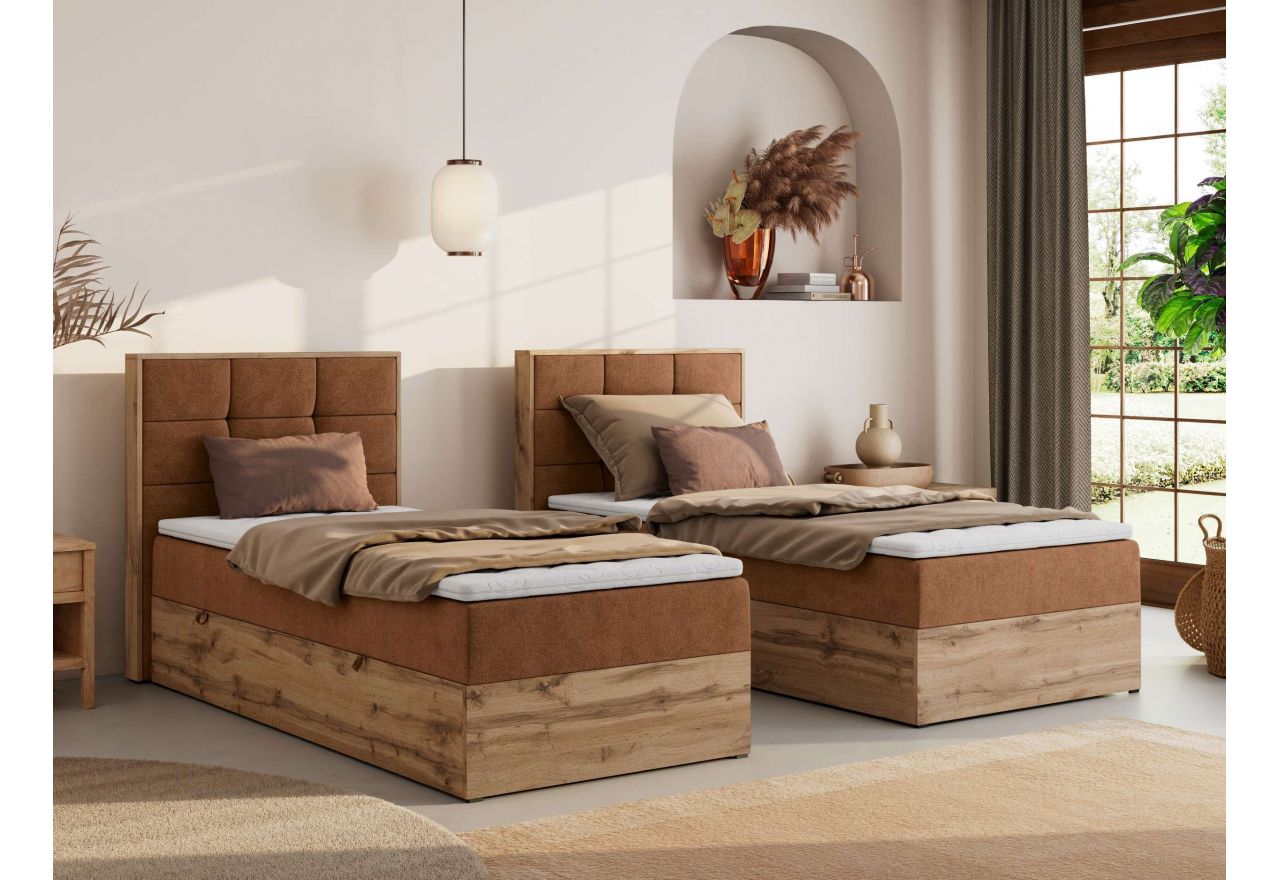 Łóżko kontynentalne - ALBERO 1 90x200 - H4 - pomarańczowy, struktura - strona lewa - topper T25