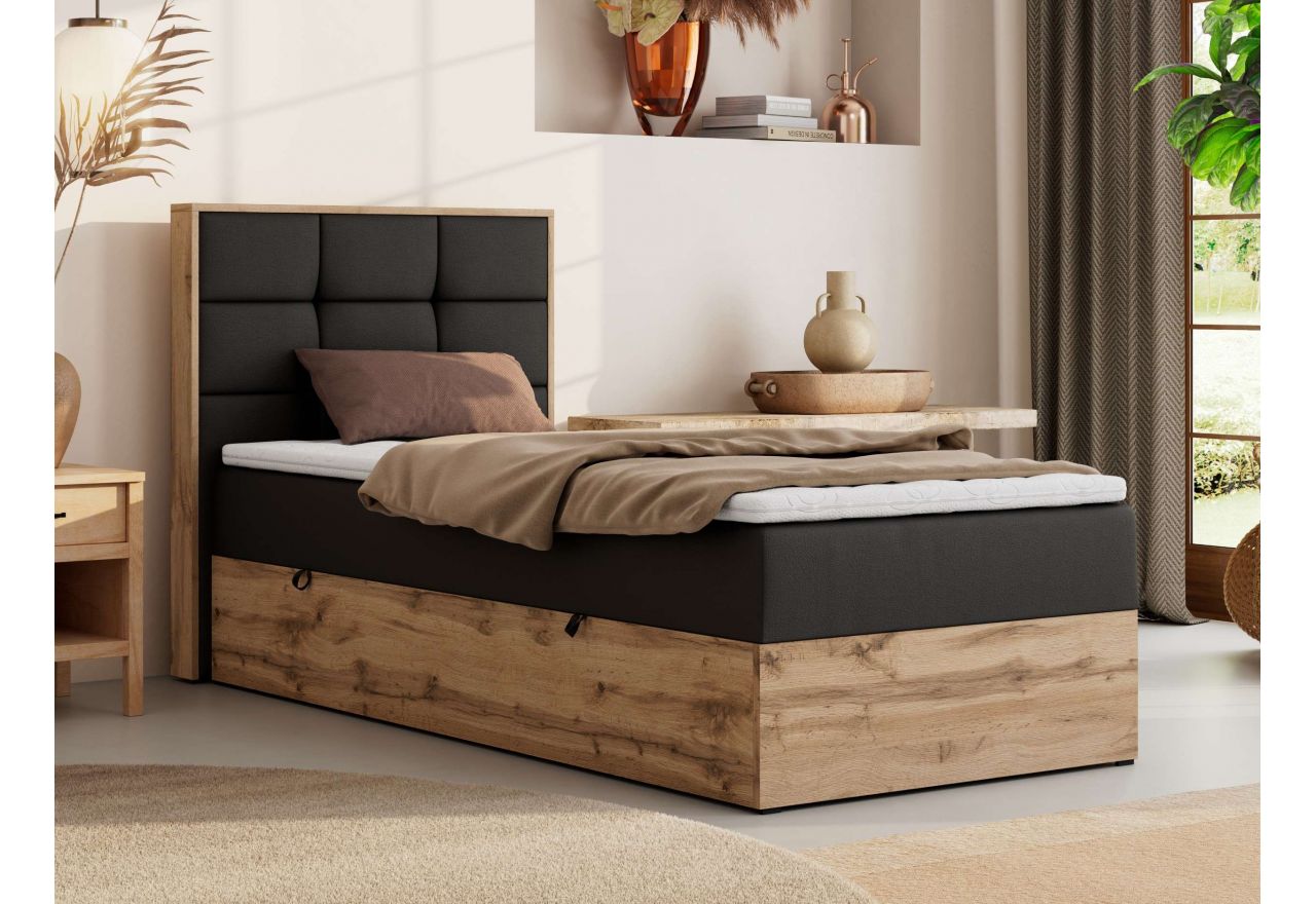 Łóżko kontynentalne - ALBERO 1 90x200 - H4 - czarny, ekoskóra - strona lewa - topper T25